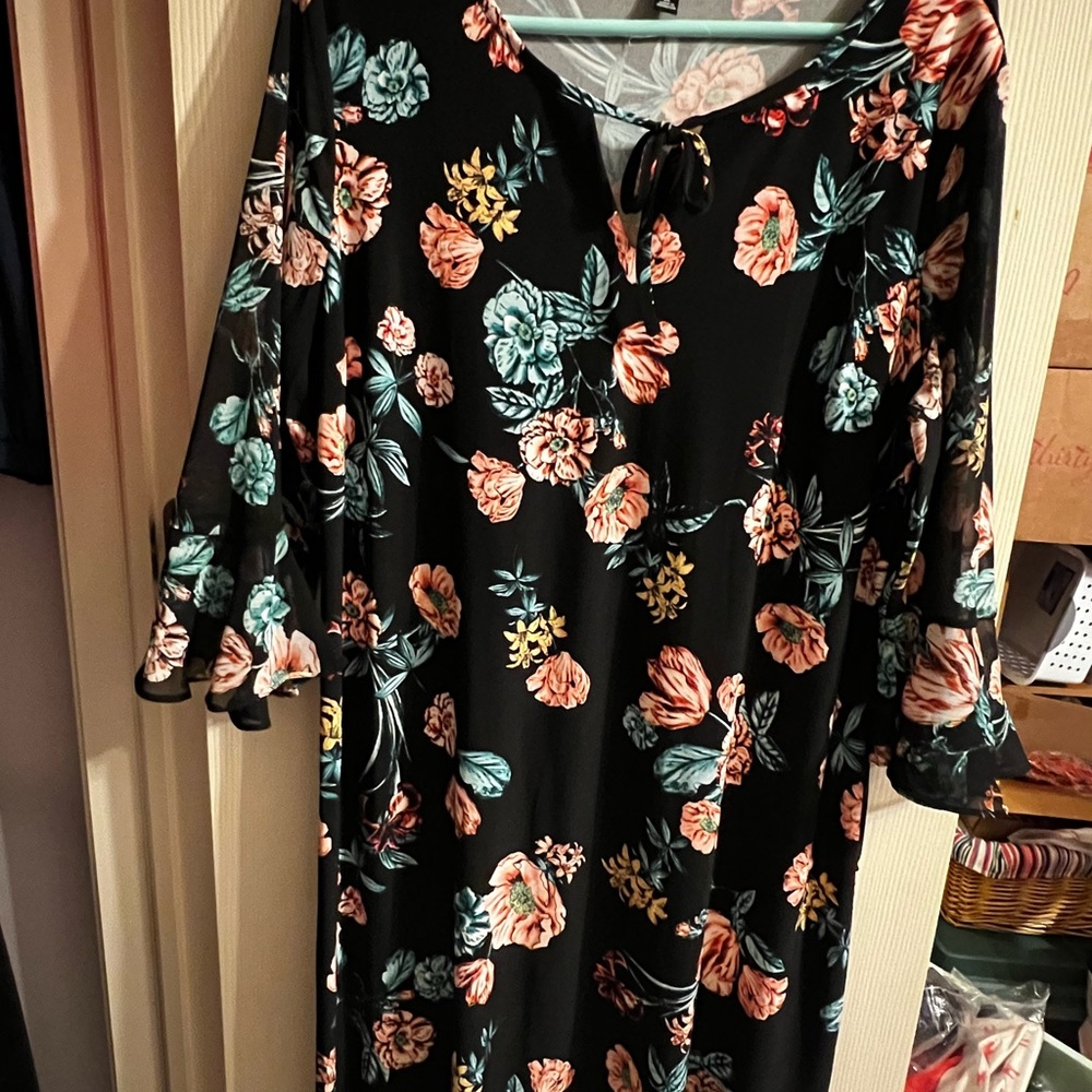 Floral Black Dress with Bell Sleeves